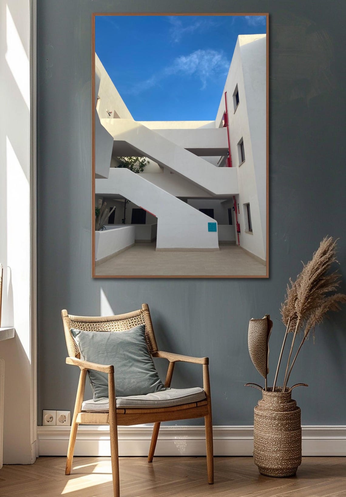 White Minimalist Staircase Mallorca Architecture Photography Poster - Image 3