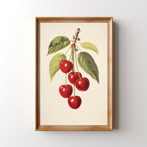 Vintage Cherries Lithograph Print Retro Cherry Painting Cherry Fruit Artwork Wild Cherries Print Cottagecore Kitchen Wall Art