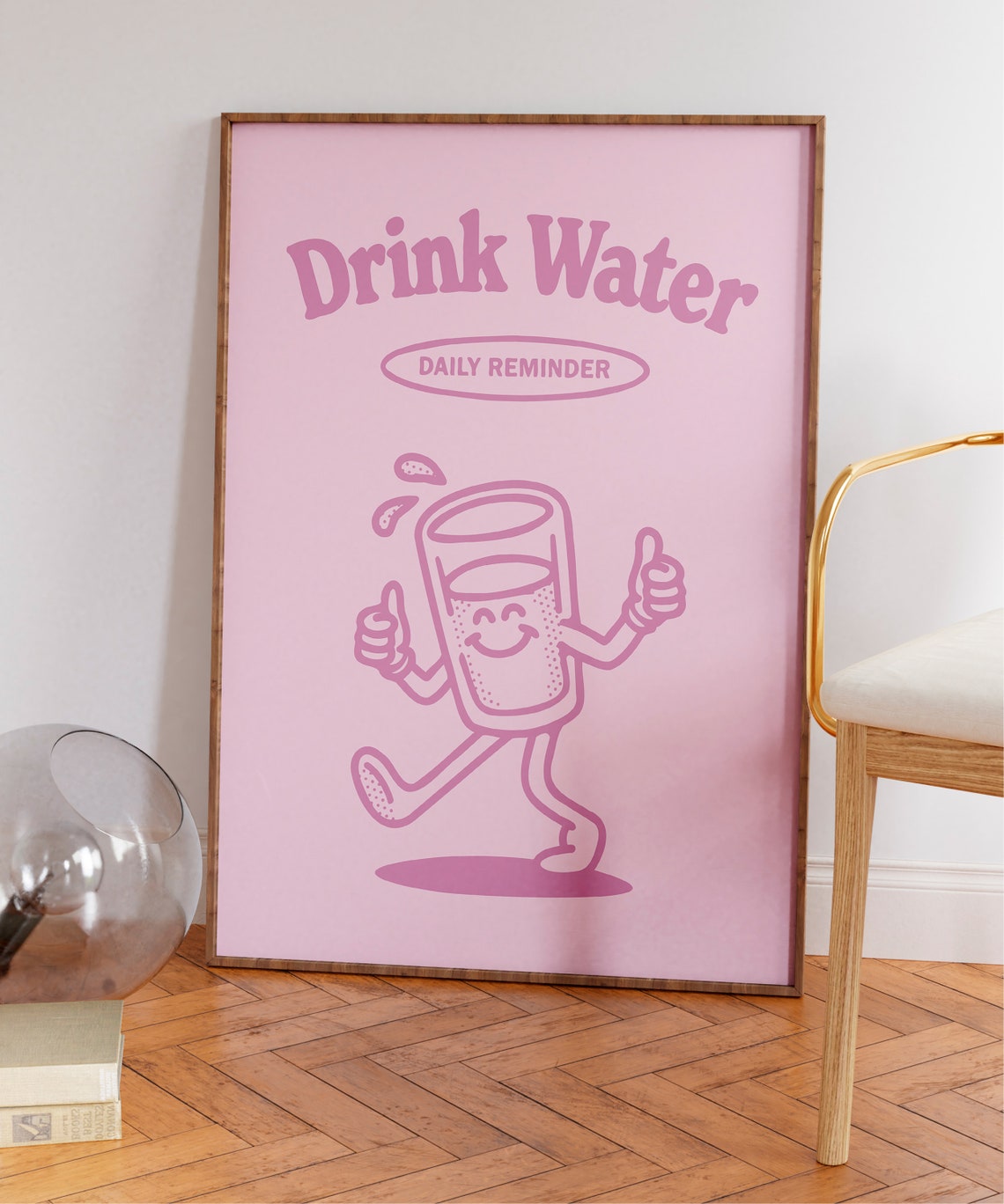 Drink Water Daily Reminder Pink Retro Water Glass Mascot Poster - Image 5