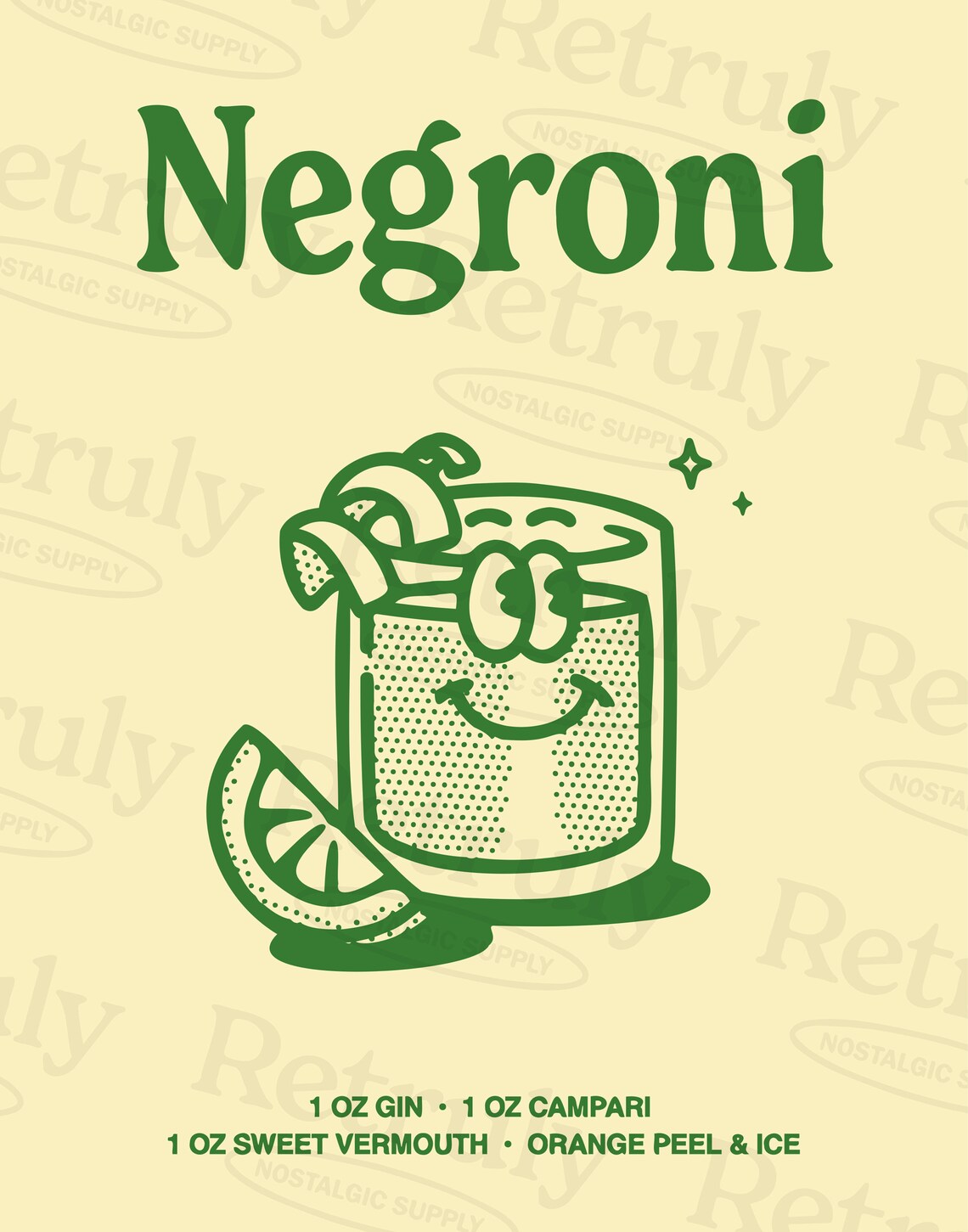 Negroni Cocktail Recipe Green Line Art Kitchen Bar Cart Poster - Image 2