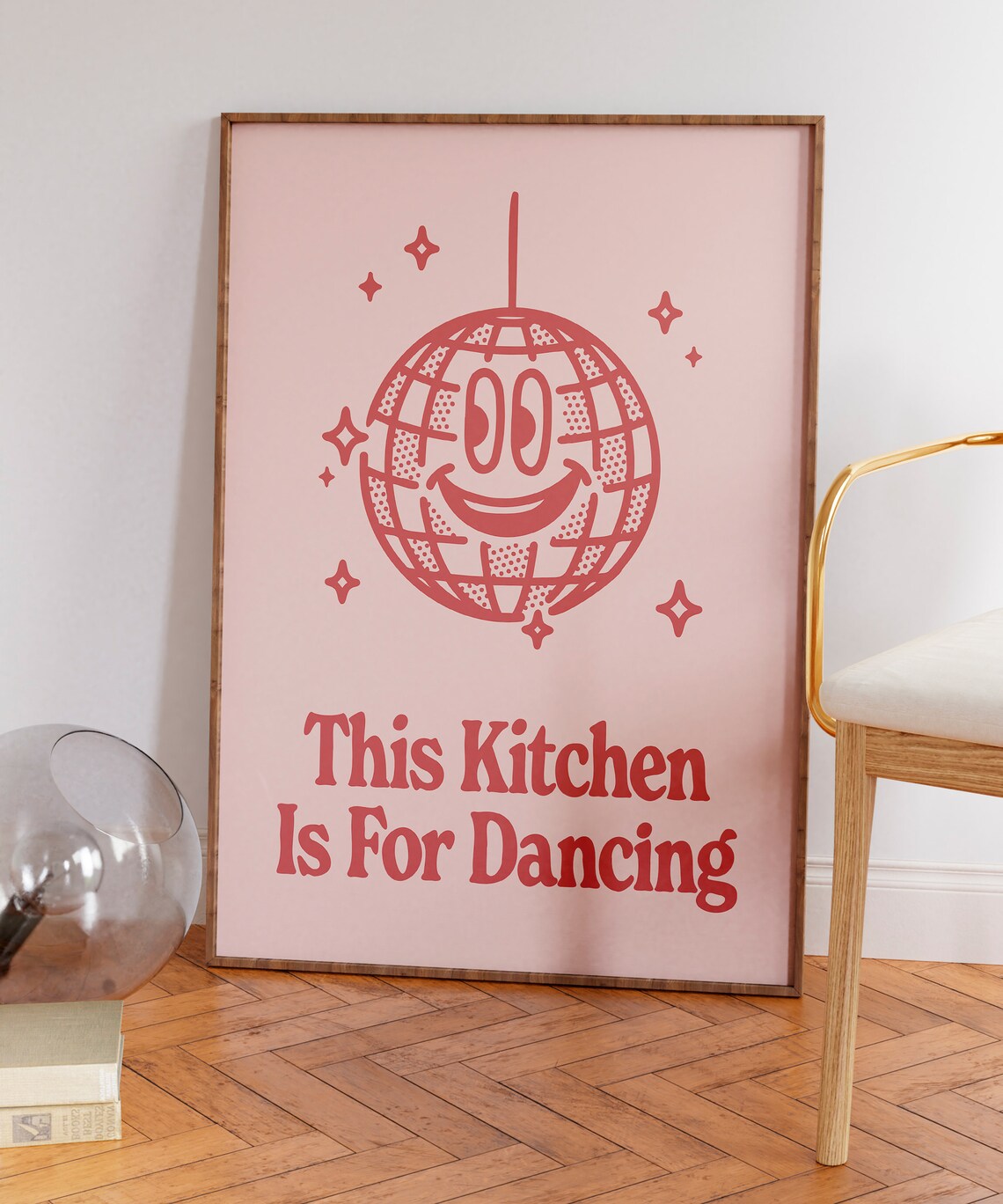 This Kitchen Is For Dancing Coral Pink Smiling Disco Ball Retro Quote Poster - Image 6