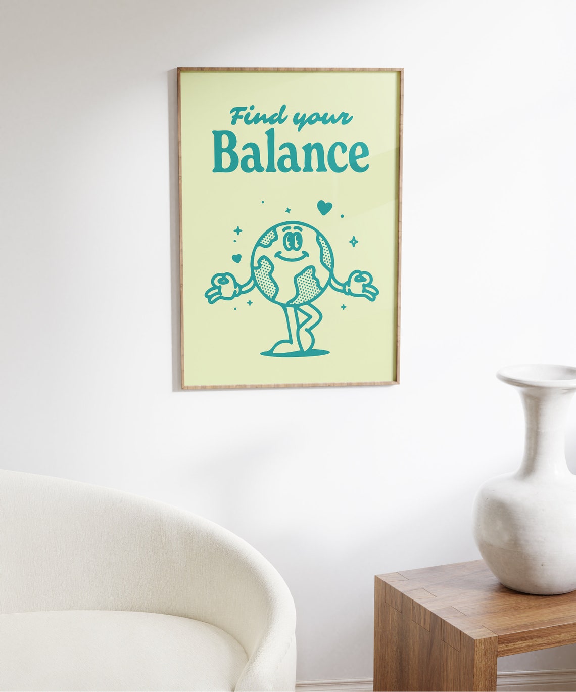 Find Your Balance Teal Globe Retro Character Quote Art Print - Image 6