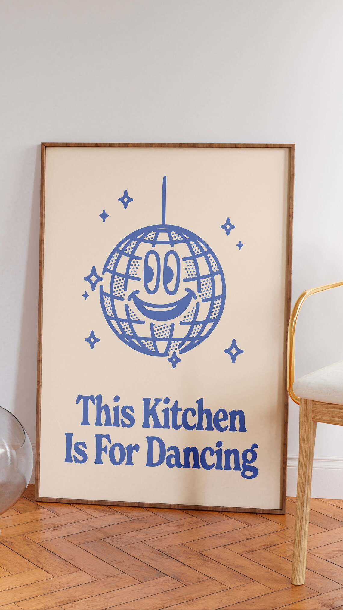 This Kitchen Is For Dancing Blue Smiling Disco Ball Retro Kitchen Quote Poster - Image 2