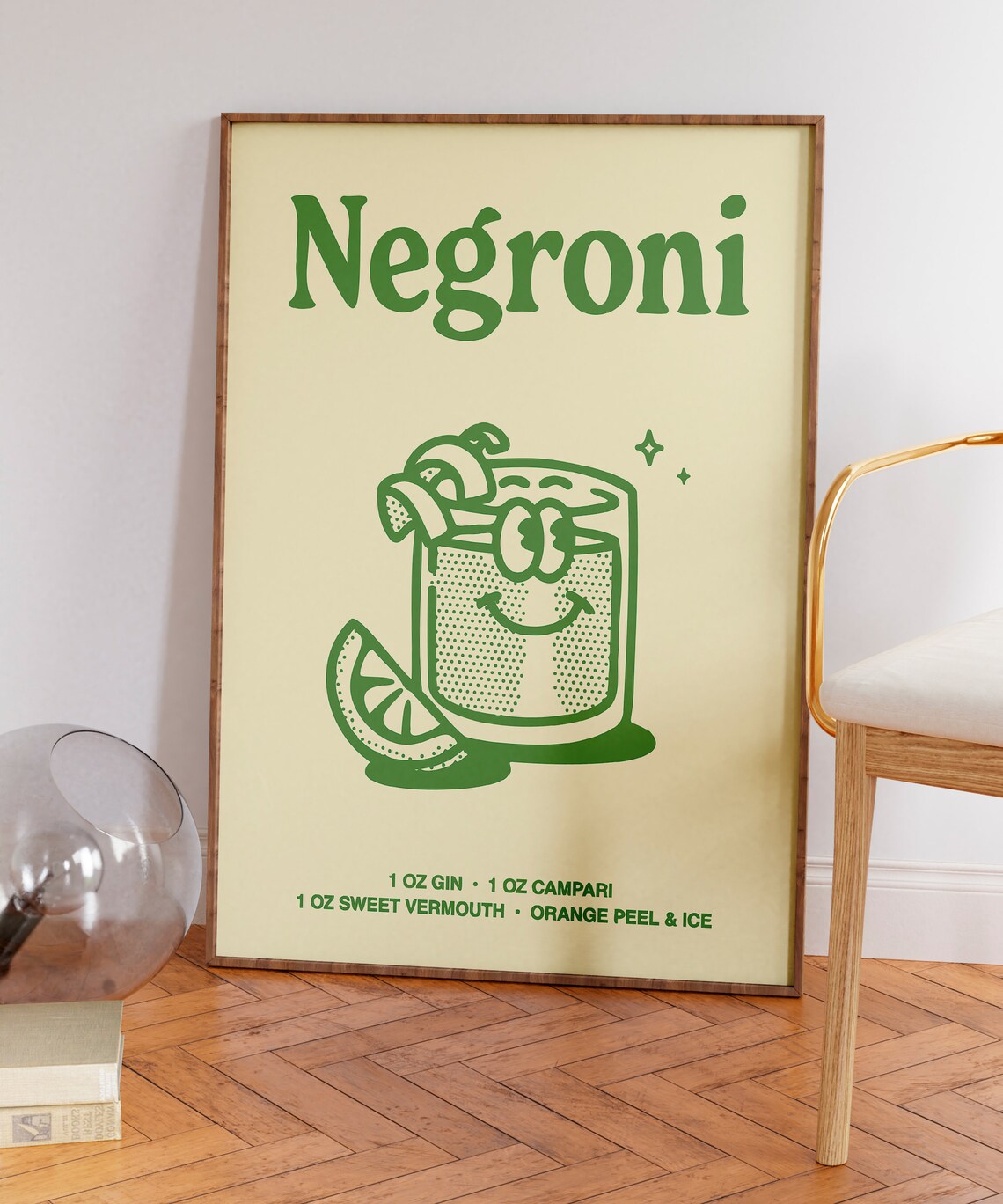 Negroni Cocktail Recipe Green Line Art Kitchen Bar Cart Poster - Image 5