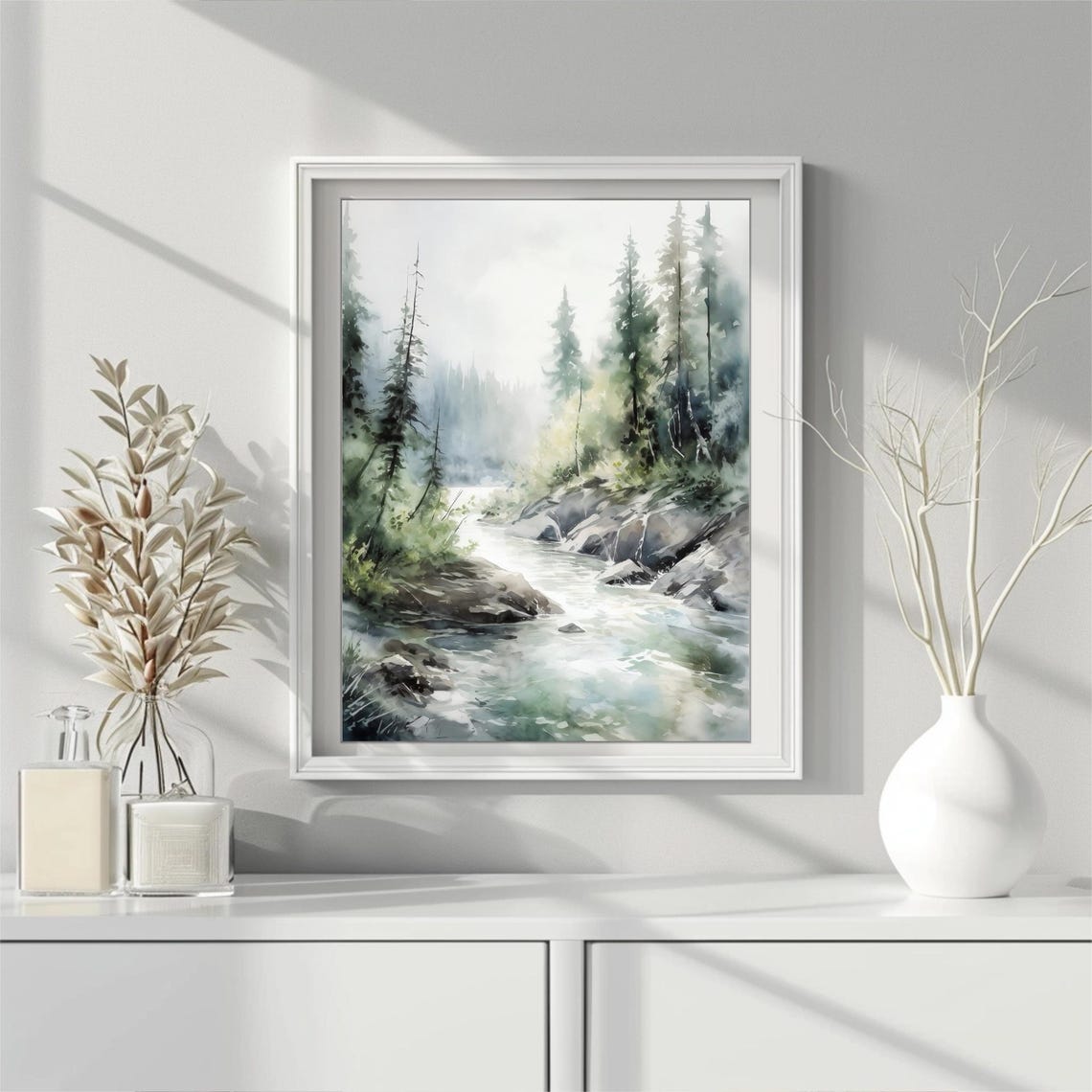 Misty Pine Forest River with Rocky Rapids Watercolor Landscape Poster - Image 5