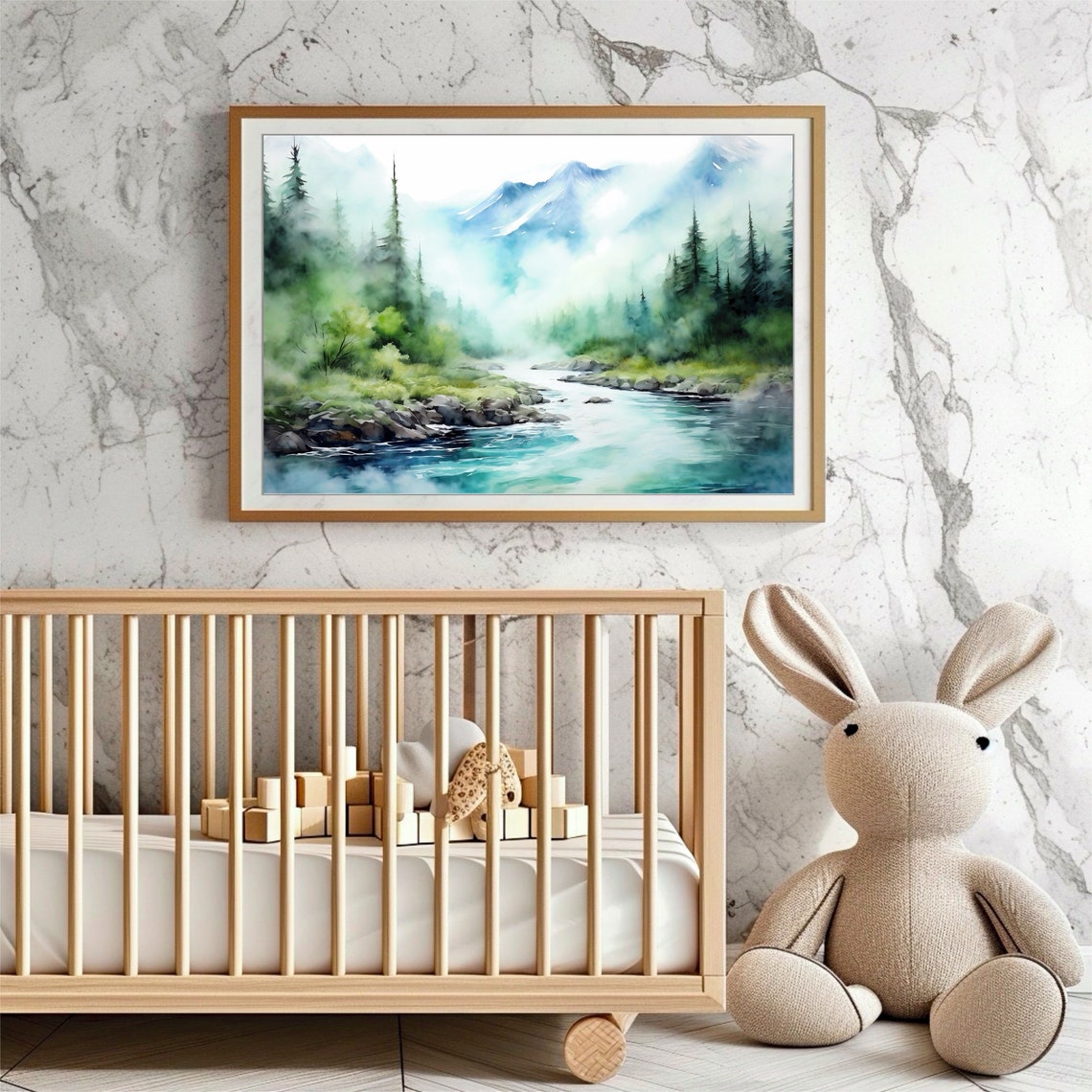 Mountain River Watercolor Turquoise Stream Pine Forest Valley Poster - Image 2