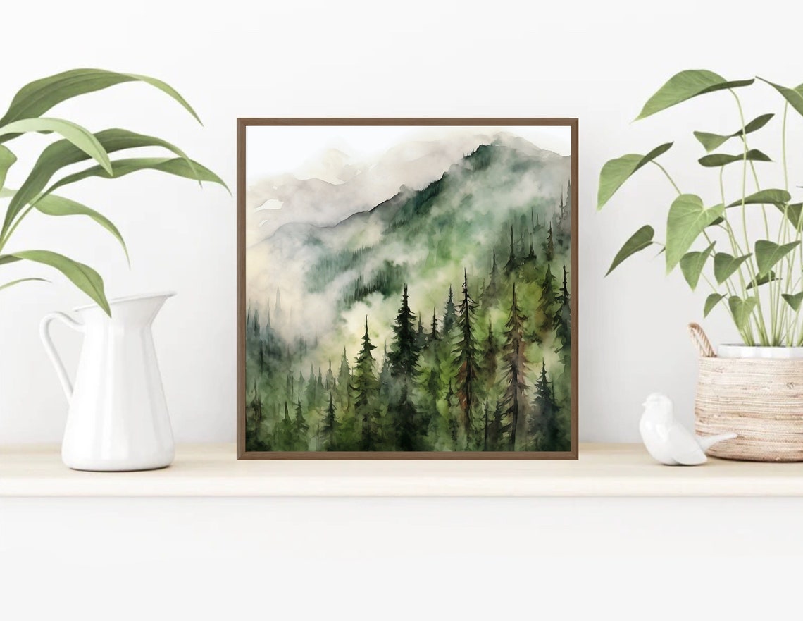 Foggy Pine Forest Misty Mountain Ridge Watercolor Painting Poster - Image 4