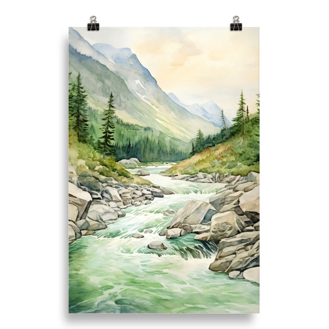 Green Mountain River Rapids Pines Watercolor Nature Art Poster - Image 4