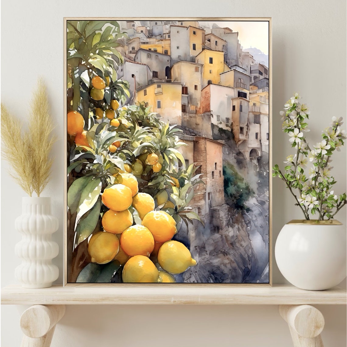 Italian Cliffside Town Lemon Grove Watercolor Art Scene Poster - Image 4