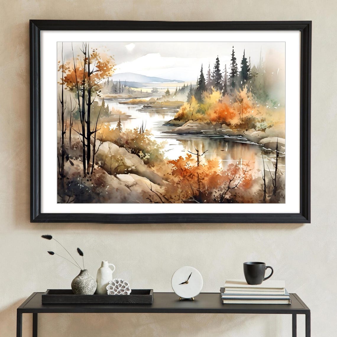 Autumn River with Golden Foliage and Bare Trees Watercolor Poster - Image 3