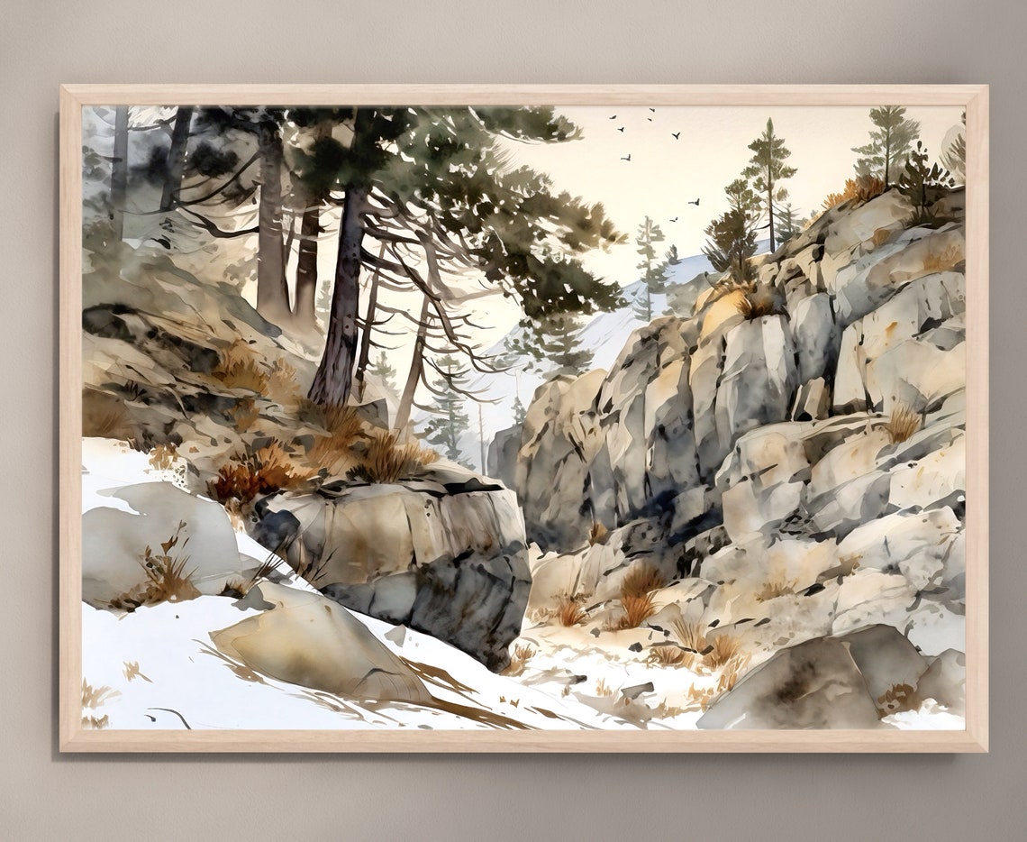 Snowy Rocky Mountainside Watercolor with Pines and Birds Print - Image 3