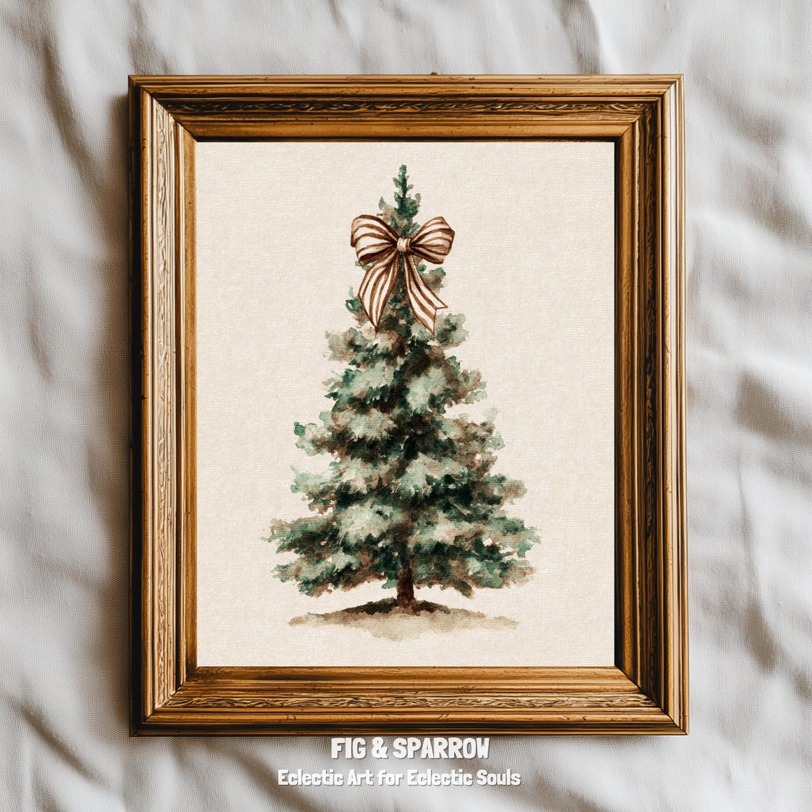 Neutral Christmas Tree With Striped Bow Watercolor Holiday Wall Art