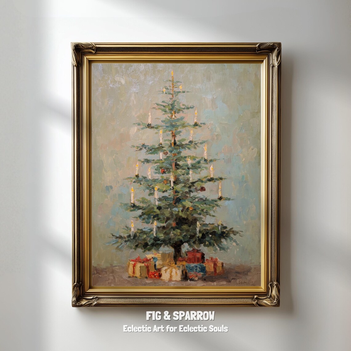 Candlelit Christmas Tree with Gifts Vintage Holiday Oil Painting Wall Art