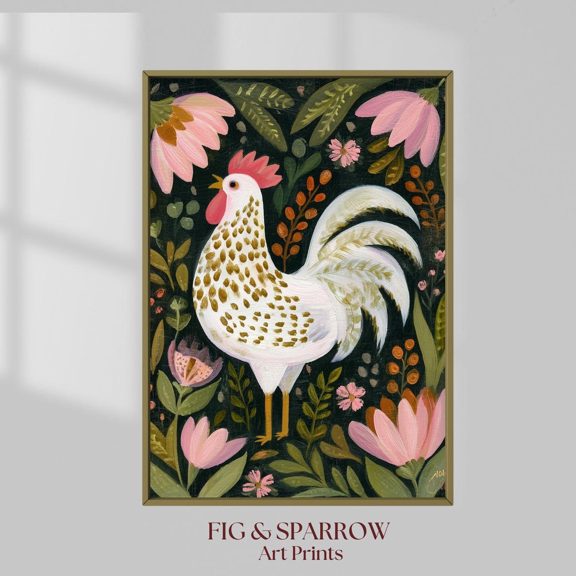 White Rooster Folk Art With Pink Flowers Dark Background Poster