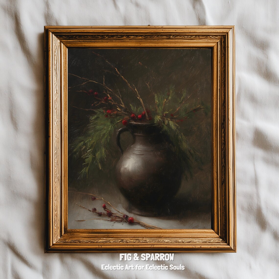 Moody Winter Still Life Dark Vase Evergreen Berry Vintage Oil Poster