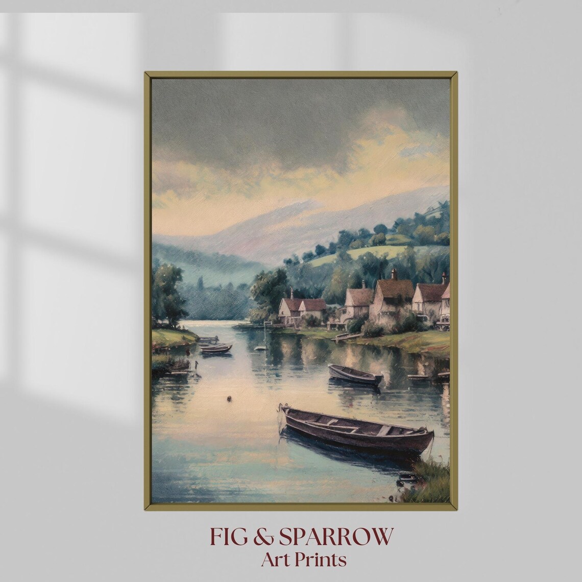 Lakeside Village at Dusk Oil Painting Rowboats Calm Water Art Print