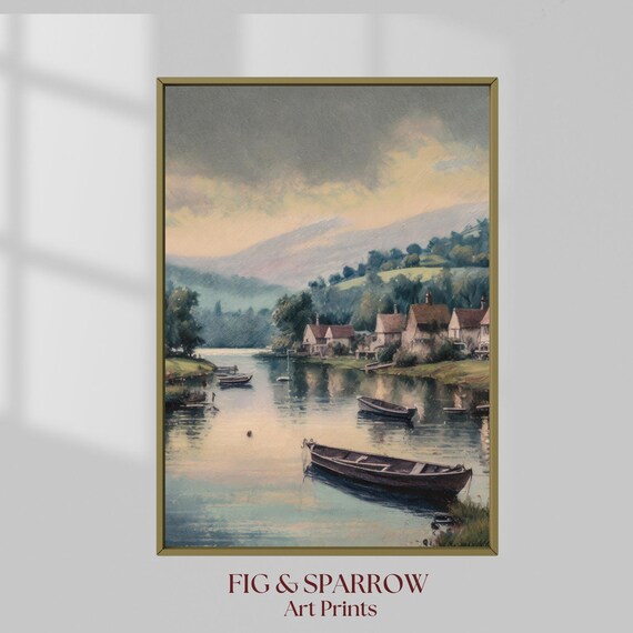 Lakeside Village at Dusk Oil Painting Rowboats Calm Water Art Print