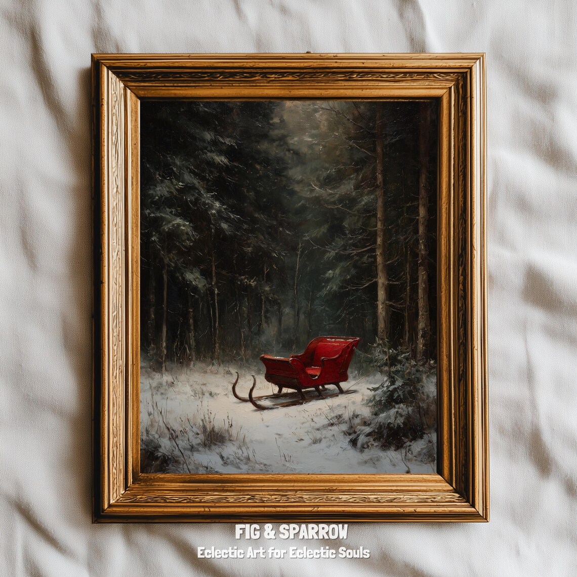 Red Sleigh In Snow, Rustic Winter Holiday Art Print