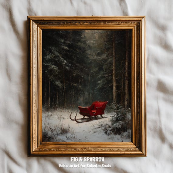 Red Sleigh In Snow, Rustic Winter Holiday Art Print