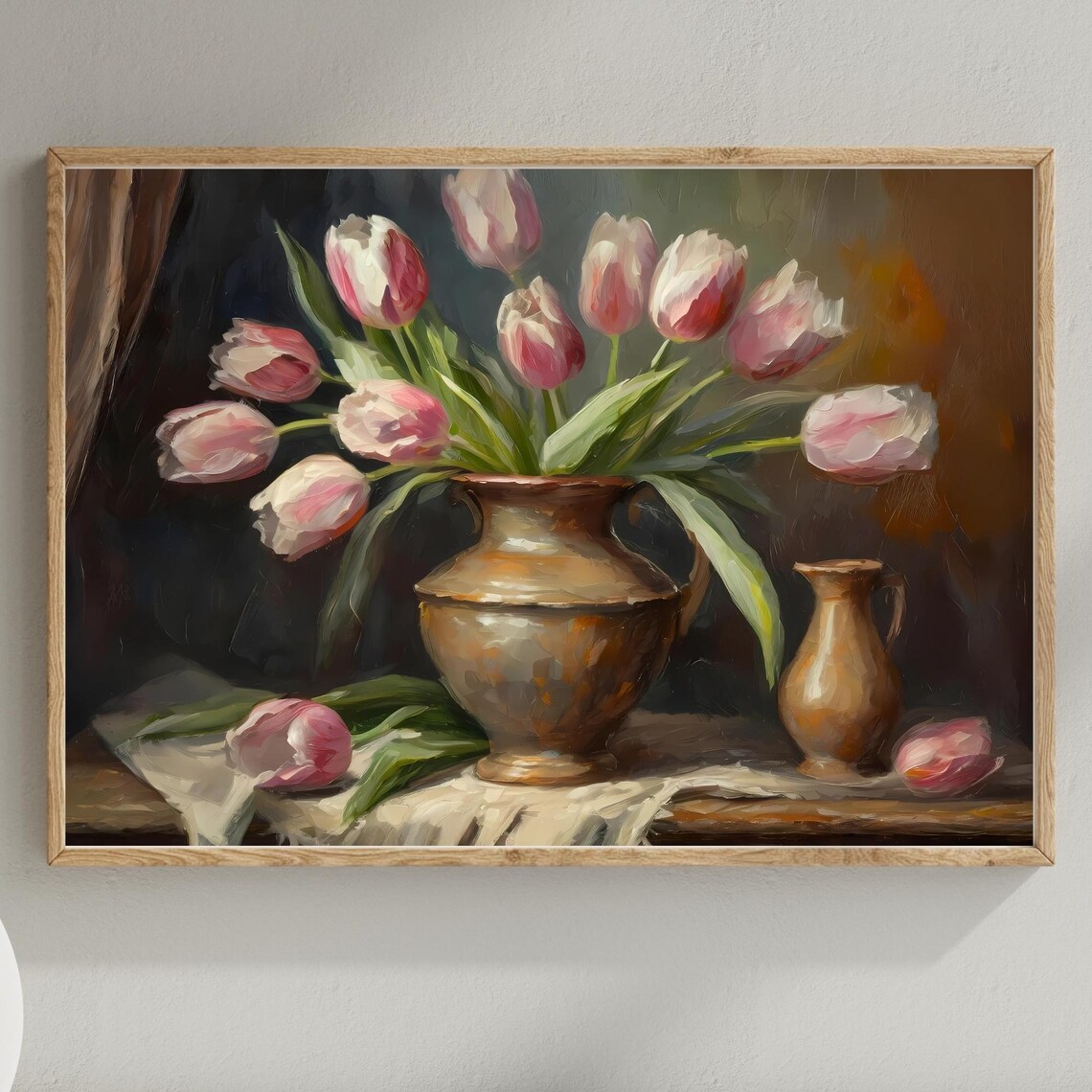 Vintage Tulip Still Life, Rustic Floral Vase Art Print