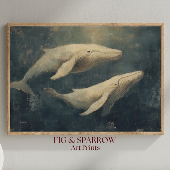 Moody Vintage Whale Painting Two White Whales Dark Coastal Ocean Art Print