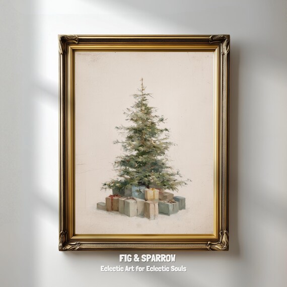 Minimalist Christmas Tree with Gifts Farmhouse Holiday Print