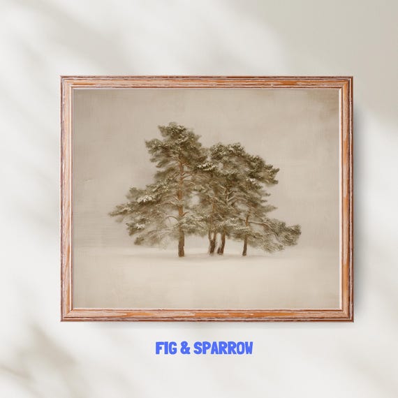 Winter Pine Tree Art Print Rustic Snowy Landscape Wall Decor Cozy Seasonal