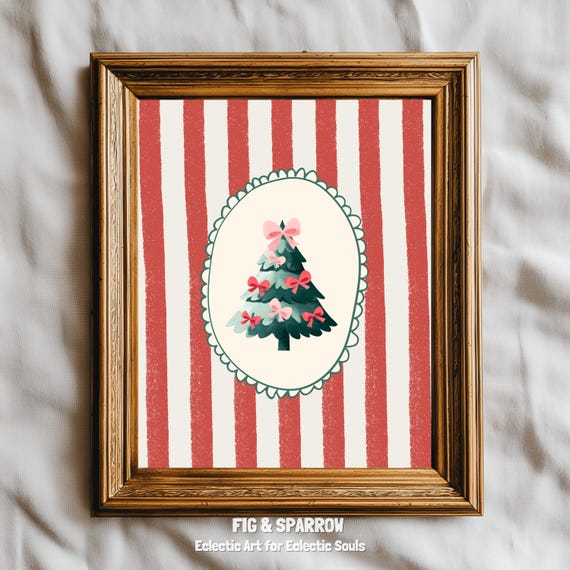 Cute Christmas Tree With Pink Bows Red Striped Holiday Wall Art