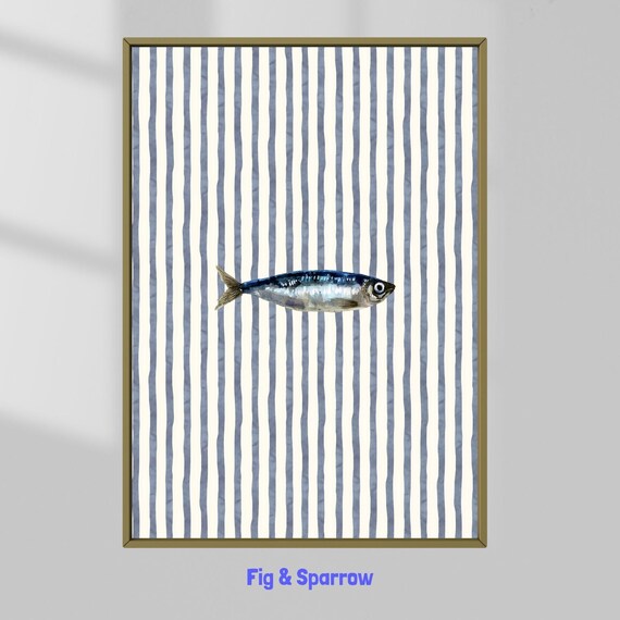 Watercolor Sardine Blue Stripe Vintage Coastal Kitchen Art Print Fish