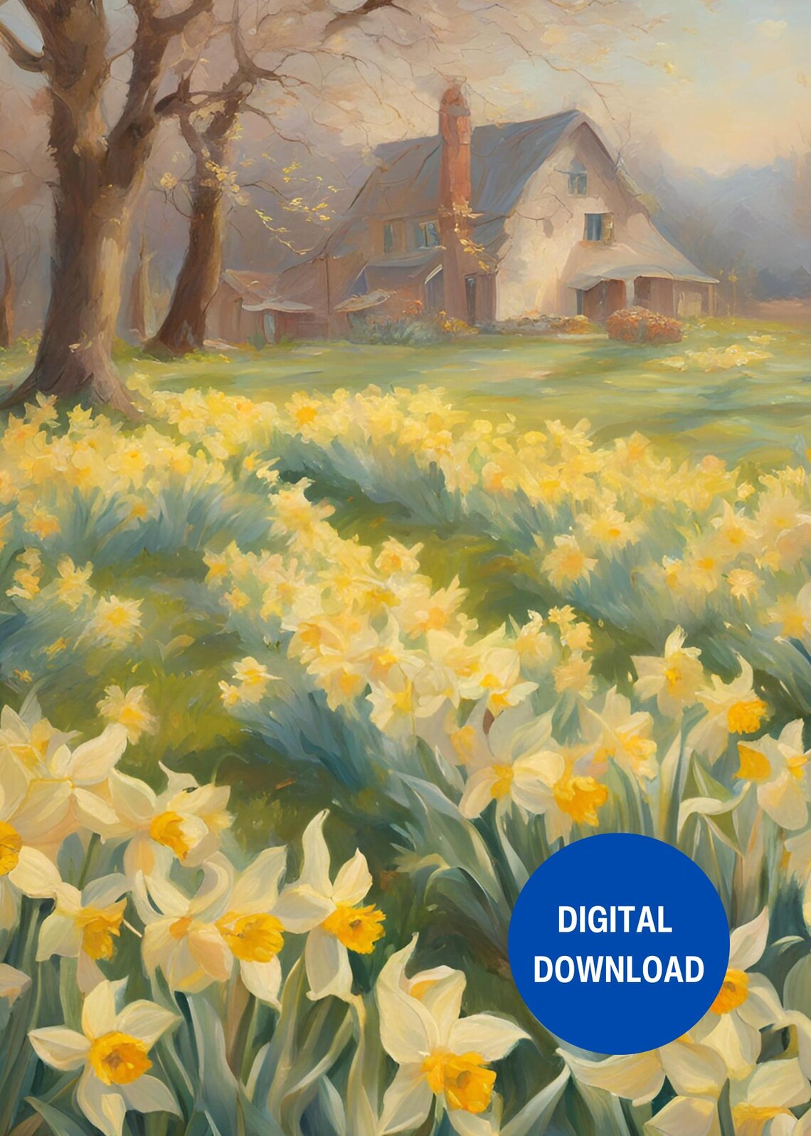 Vintage Farmhouse Daffodil Meadow Brick Chimney Cottage Oil Art Poster - Image 3
