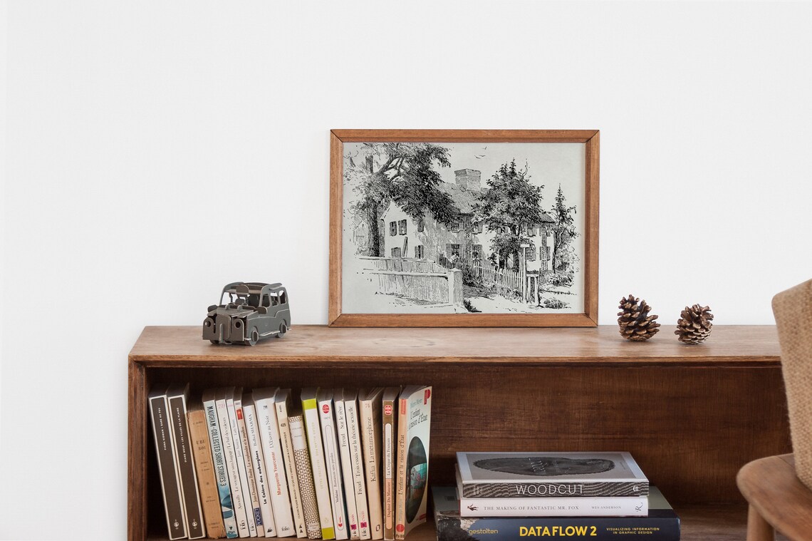 Vintage Ink Cottage Architecture Etching, Line Art - Image 2