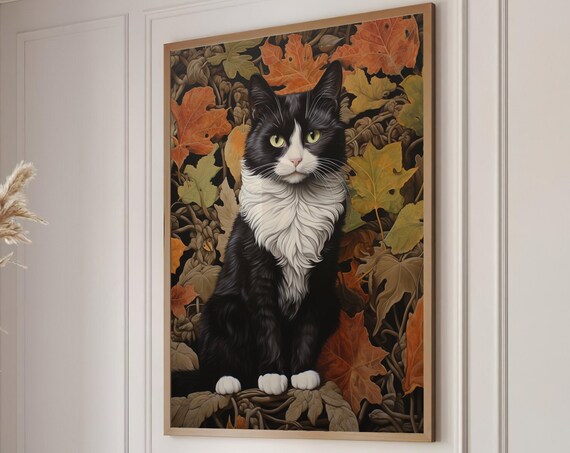 Tuxedo Cat Sitting Among Golden Autumn Leaves Fall Art Print