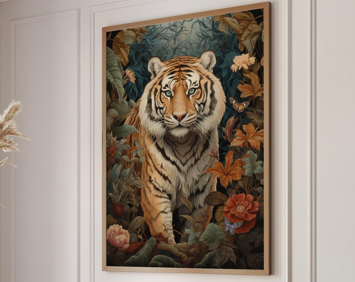 Majestic Tiger Portrait In Lush Autumn Garden With Butterflies Poster