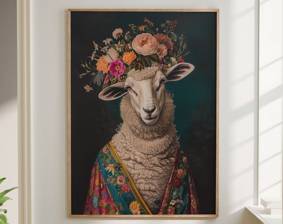 Cute Sheep Flower Crown Portrait Floral Robe Maximalist Wall Art