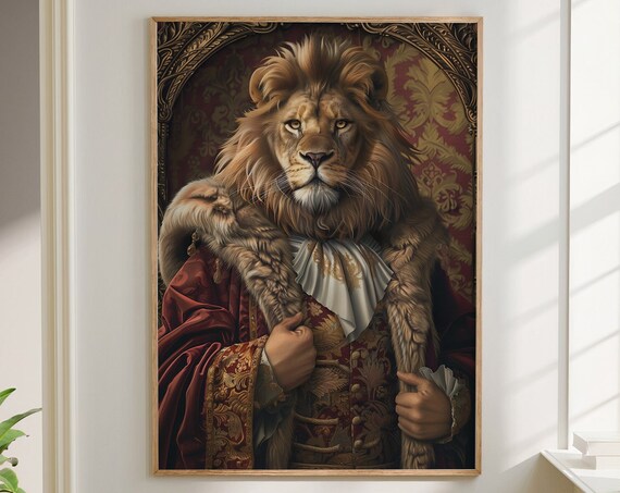 Lion King in Fur Trimmed Red Velvet Robe with Brocade Vest Portrait Poster