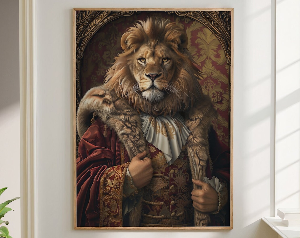 Lion King in Fur Trimmed Red Velvet Robe with Brocade Vest Portrait Poster