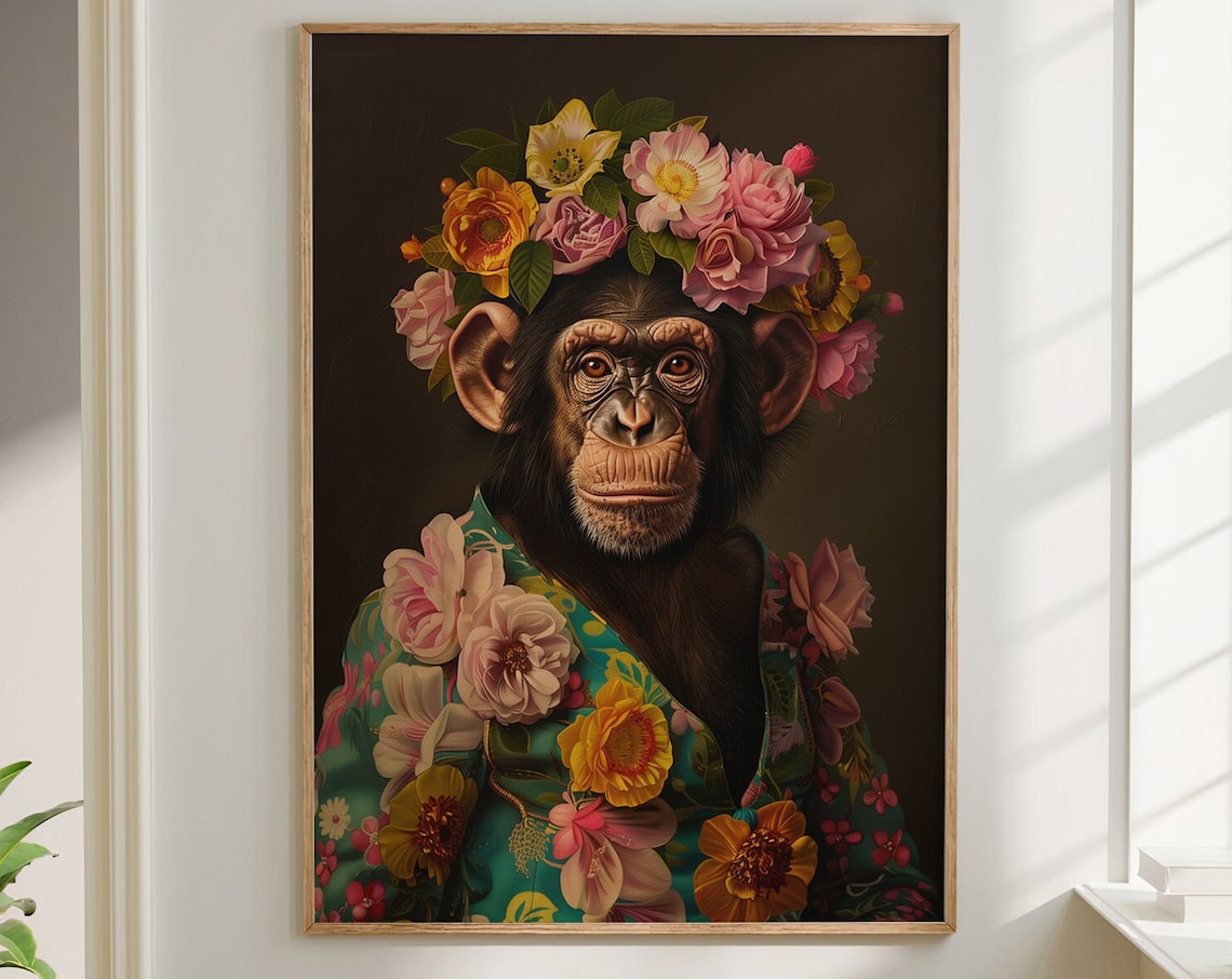 Chimpanzee Flower Crown Maximalist Floral Animal Portrait Wall Art