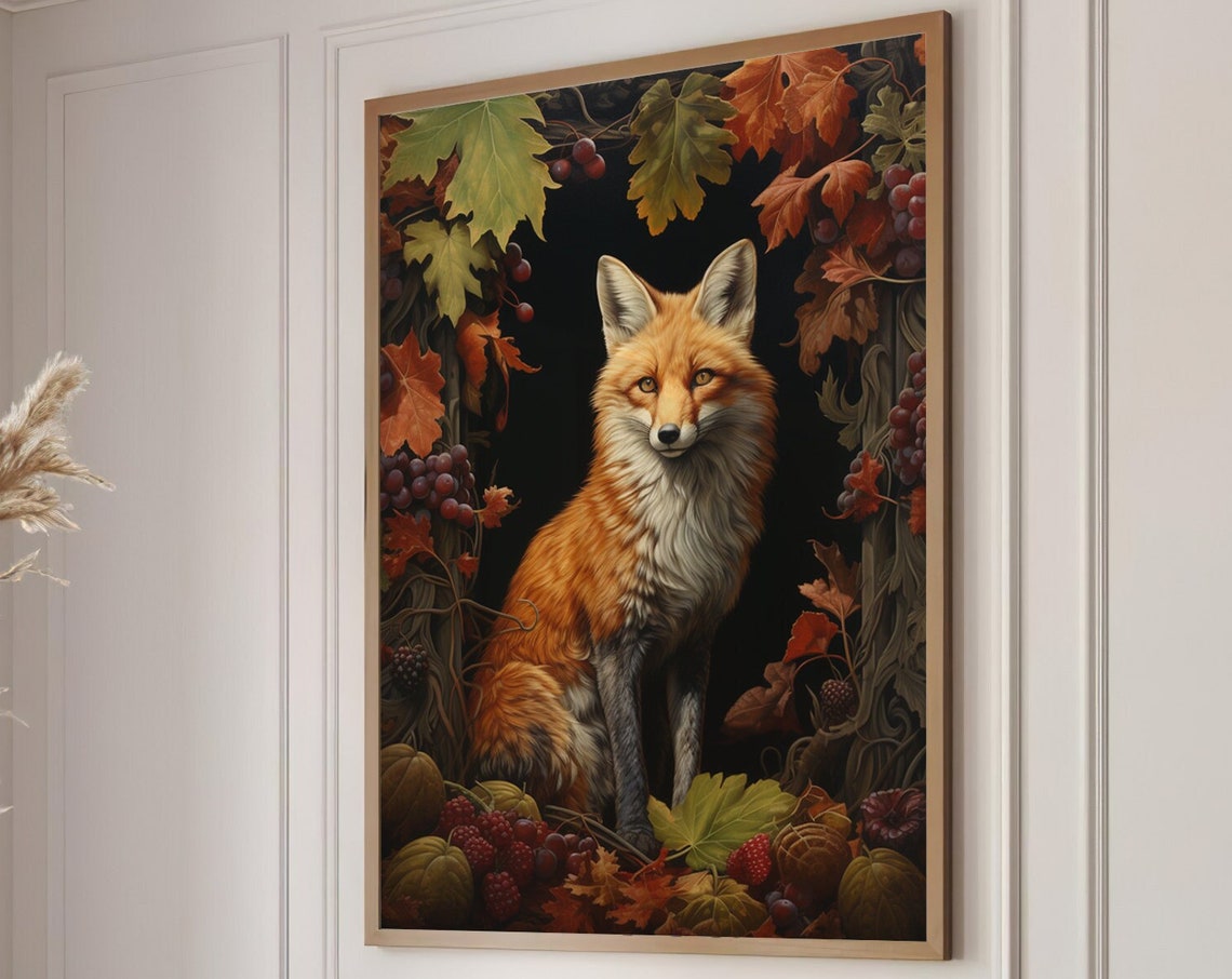 Red Fox Seated Among Autumn Leaves and Berries in Gold Frame Poster - Image 4