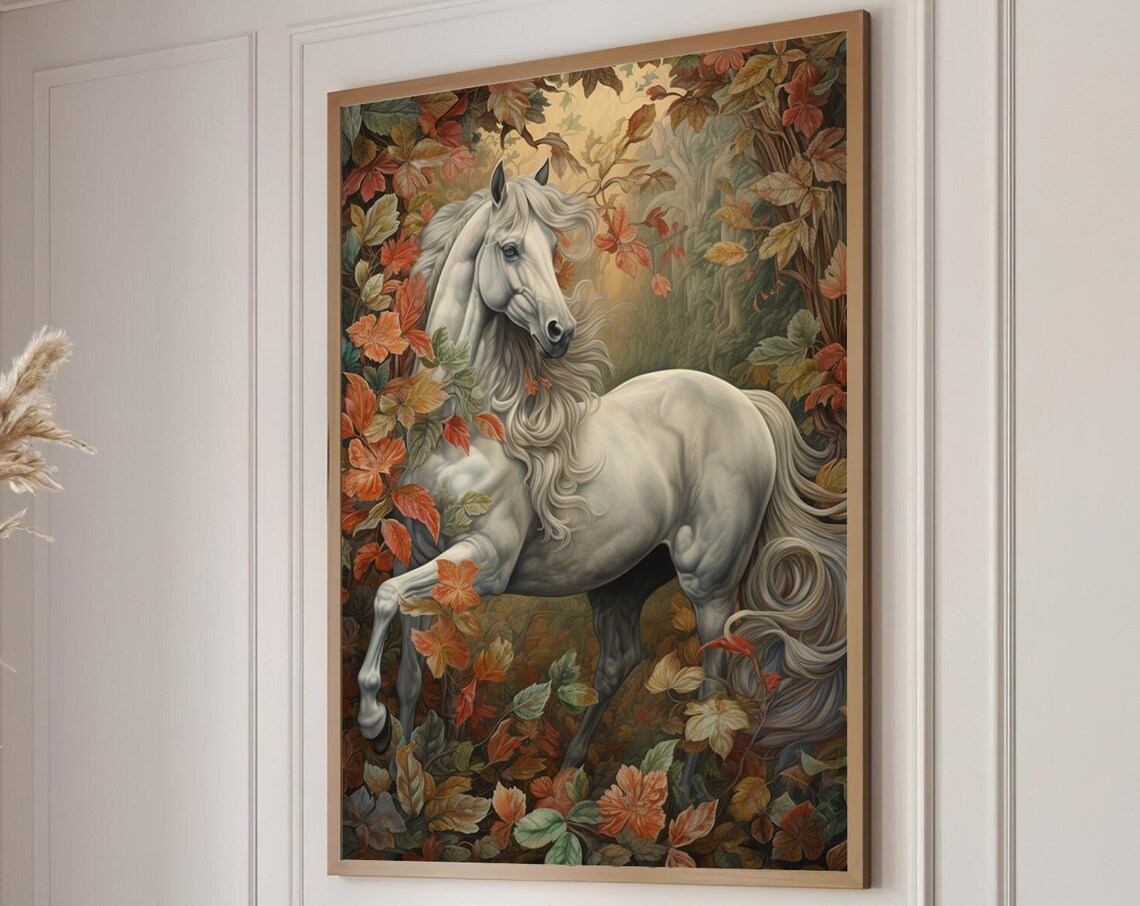 White Horse Rearing Among Golden Autumn Leaves Vintage Poster
