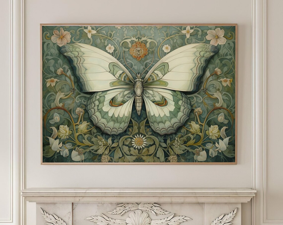 William Morris Inspired Butterfly Art Print, Farmhouse