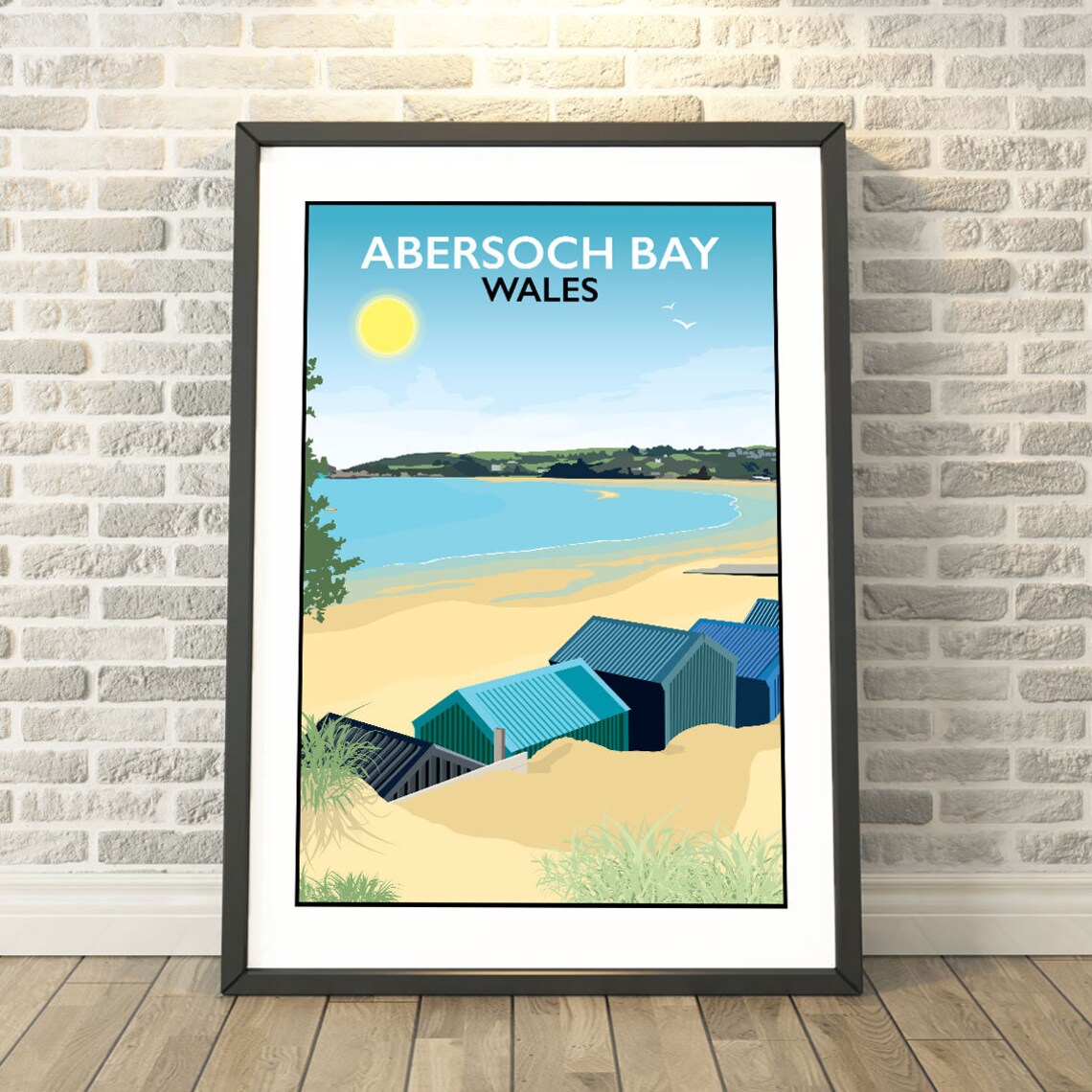 Abersoch Bay Wales Colorful Beach Huts Retro Seaside Travel Poster