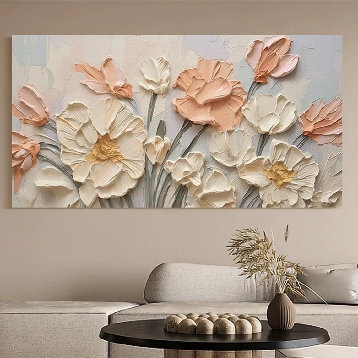Neutral Cream Peach 3D Textured Large Blossom Floral Painting Poster - Image 3