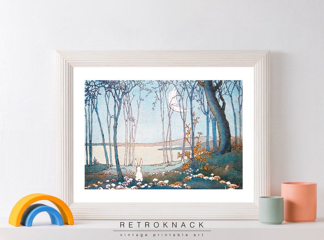White Bunny Gazing at Crescent Moon in Mushroom Forest Night Nursery Print - Image 2