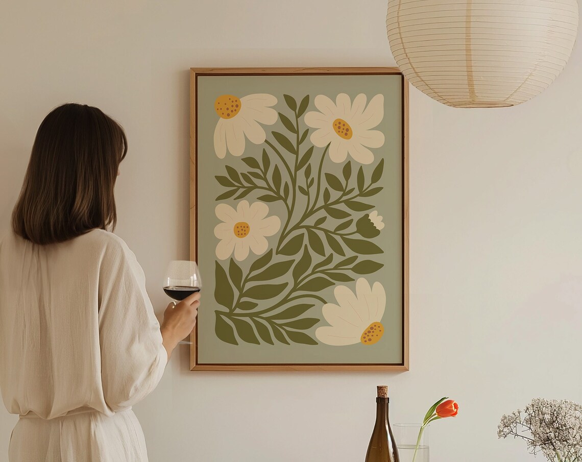 Sage Green Daisies Boho Living Room Art Print