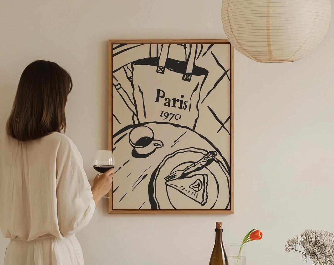 Paris 1970 French Breakfast Baguette Coffee Sketch Kitchen Art Print