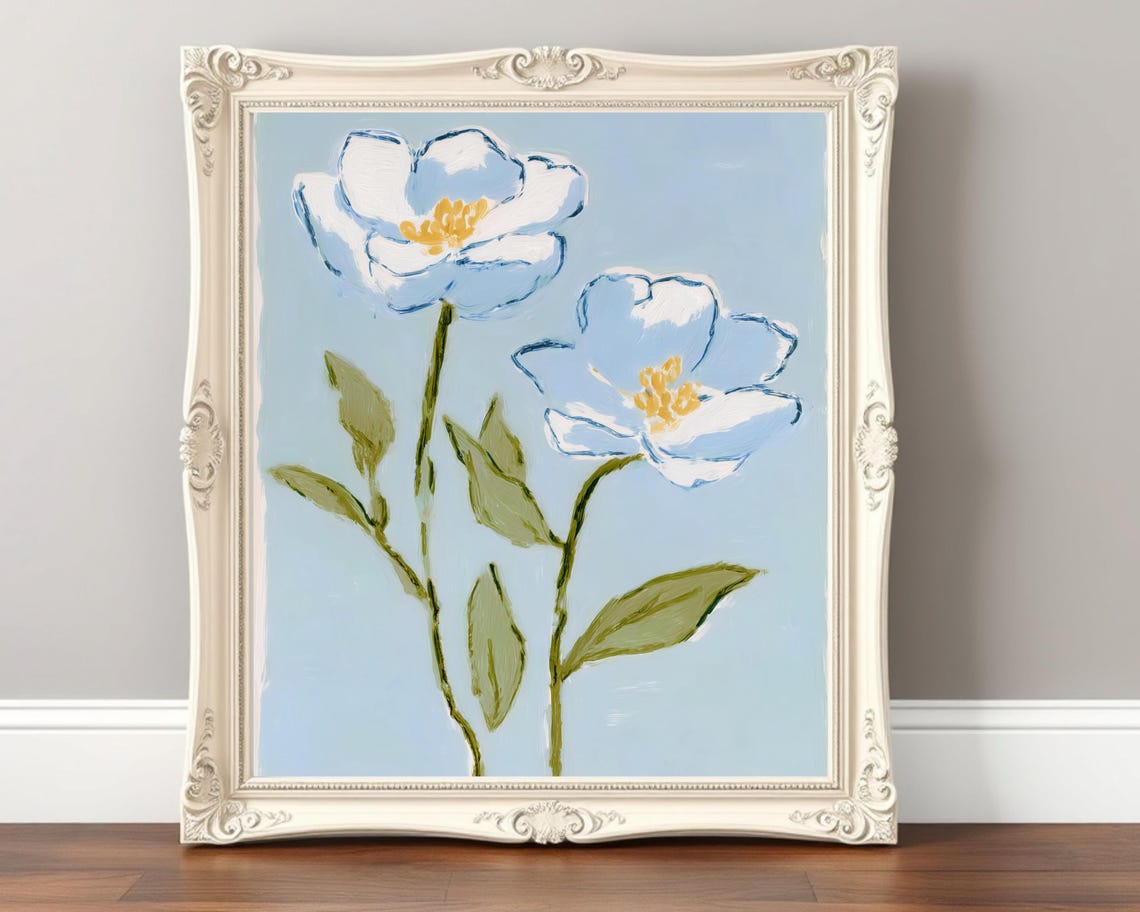 Blue Floral Wall Art Minimalist Botanical Print Abstract Flower Painting Grand Millennial Coastal Artwork