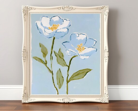 Blue and White Floral Painterly Botanical Gold Center Blooms Wall Art