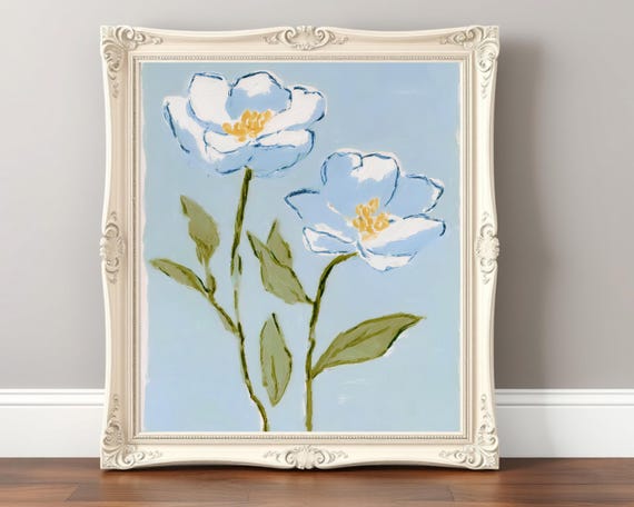 Blue Floral Wall Art Minimalist Botanical Print Abstract Flower Painting Grand Millennial Coastal Artwork
