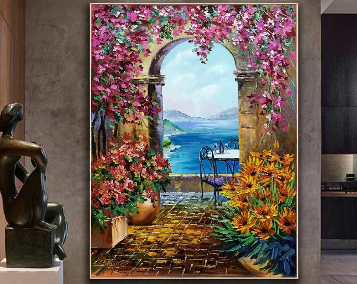 Positano Italy Oil Painting Original Italian Courtyard Painting Italy Art Beautiful Italian Village Painting On Amalfi Coast Painting