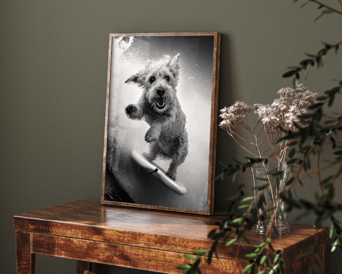 Shaggy Terrier Riding a Surfboard in Black and White Photo Poster